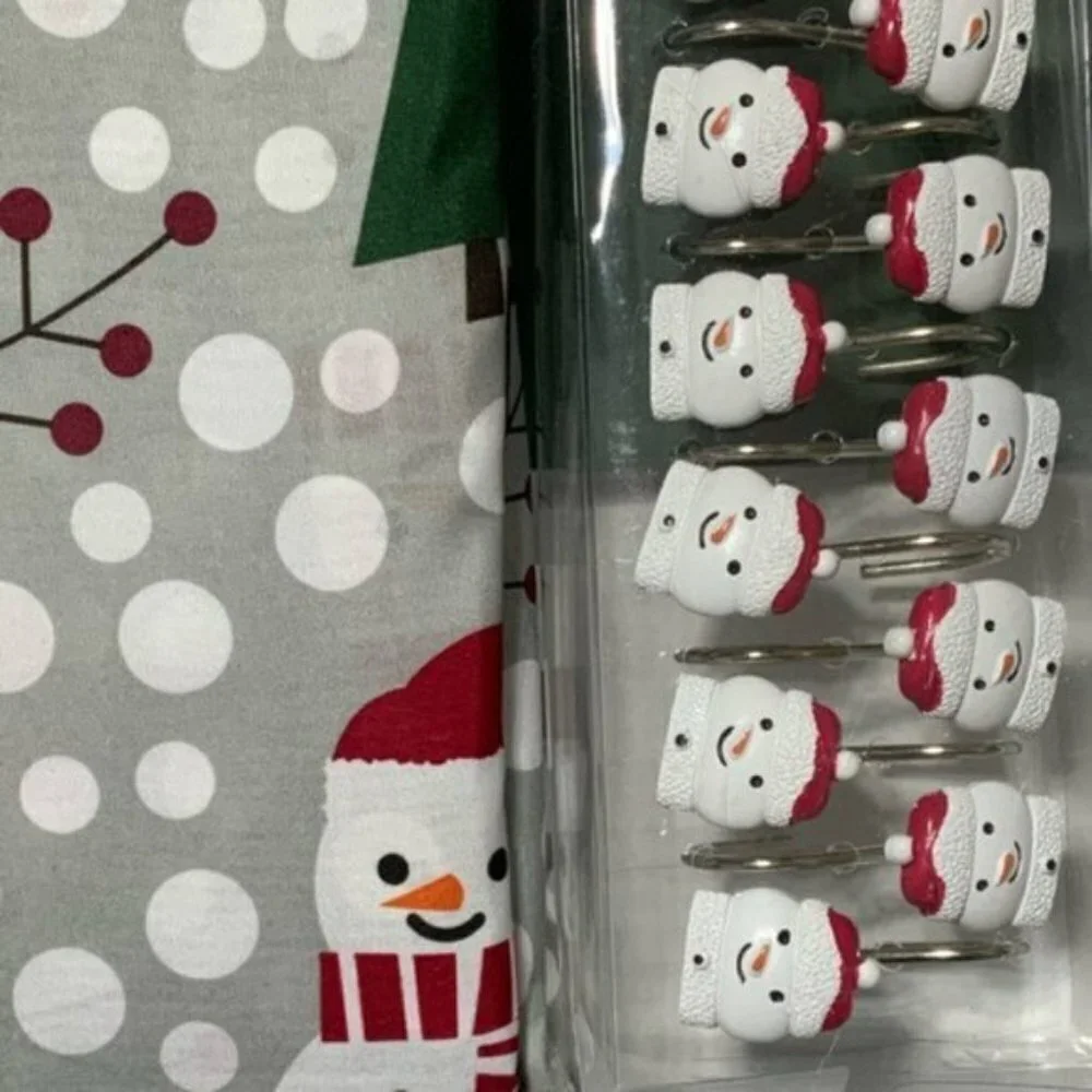 Christmas Bath Snowman Santa Fabric Shower Curtain 72 x 72 Hook Set Grey 13 PC